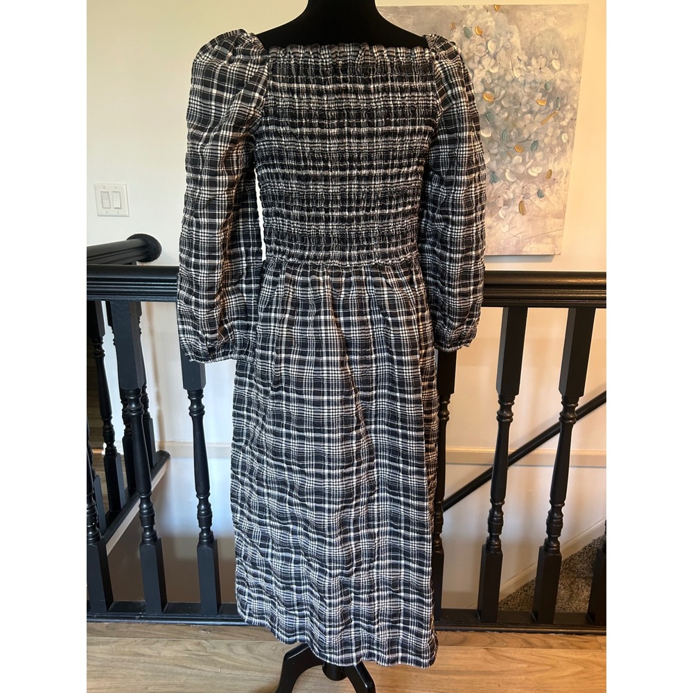 LOFT Outlet Black White Plaid Smocked Midi Dress Square Neck Long Sleeve Large - Picture 3 of 6